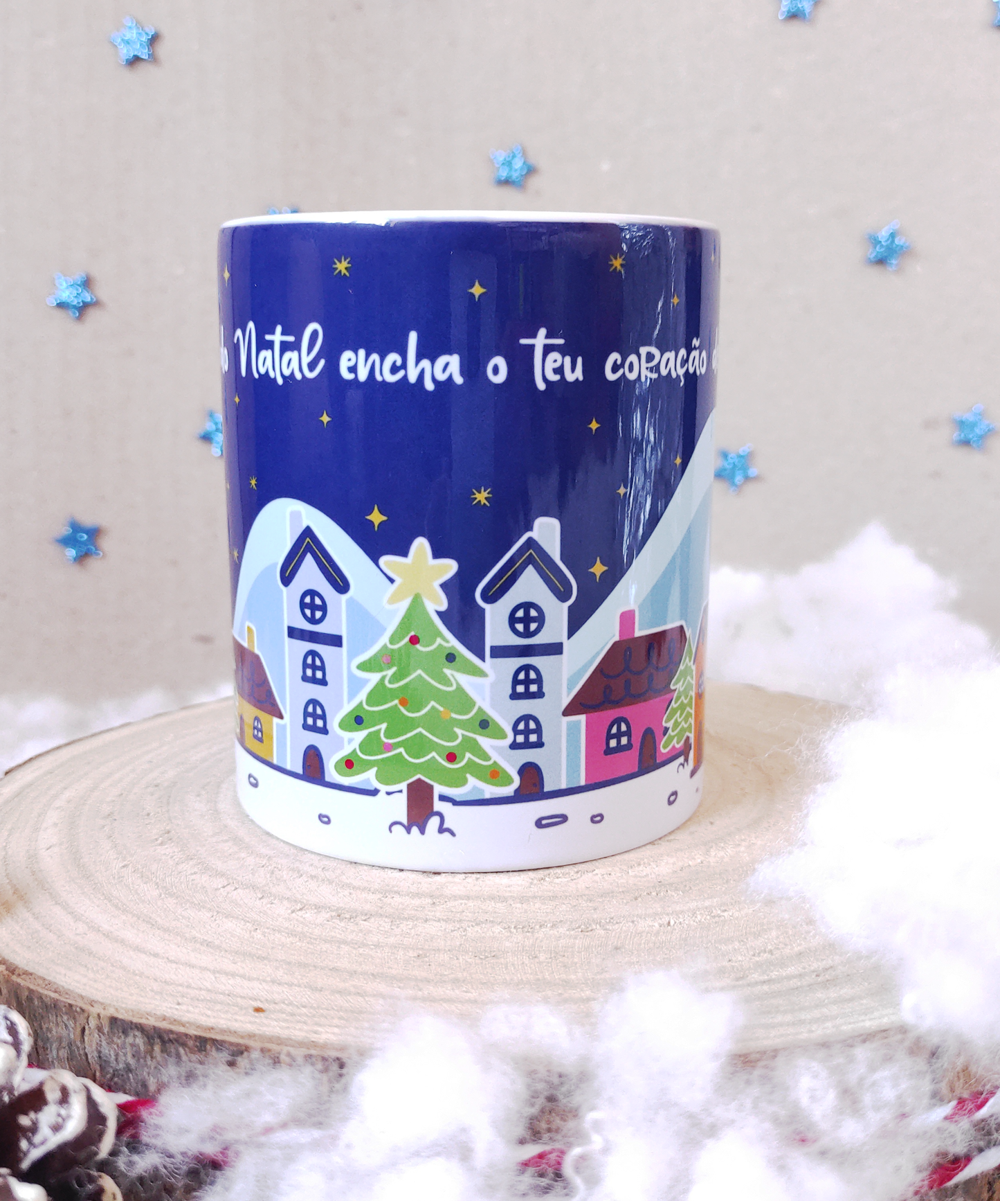 Box caneca, íman e pendente em MDF - Aldeia de Natal