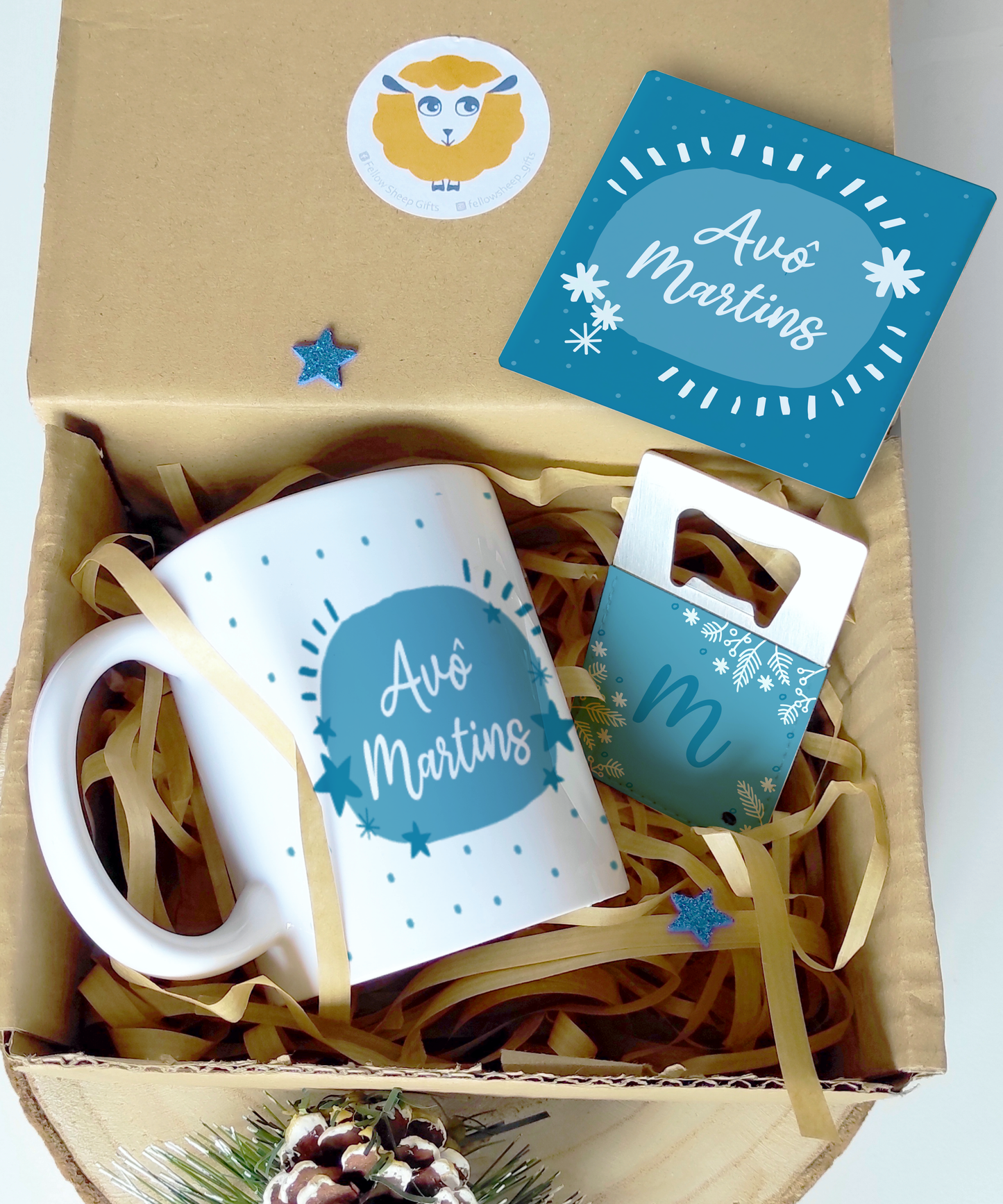 Conjunto de Natal Personalizado - Caneca, Abre Cápsulas com Inicial e Íman Cerâmico