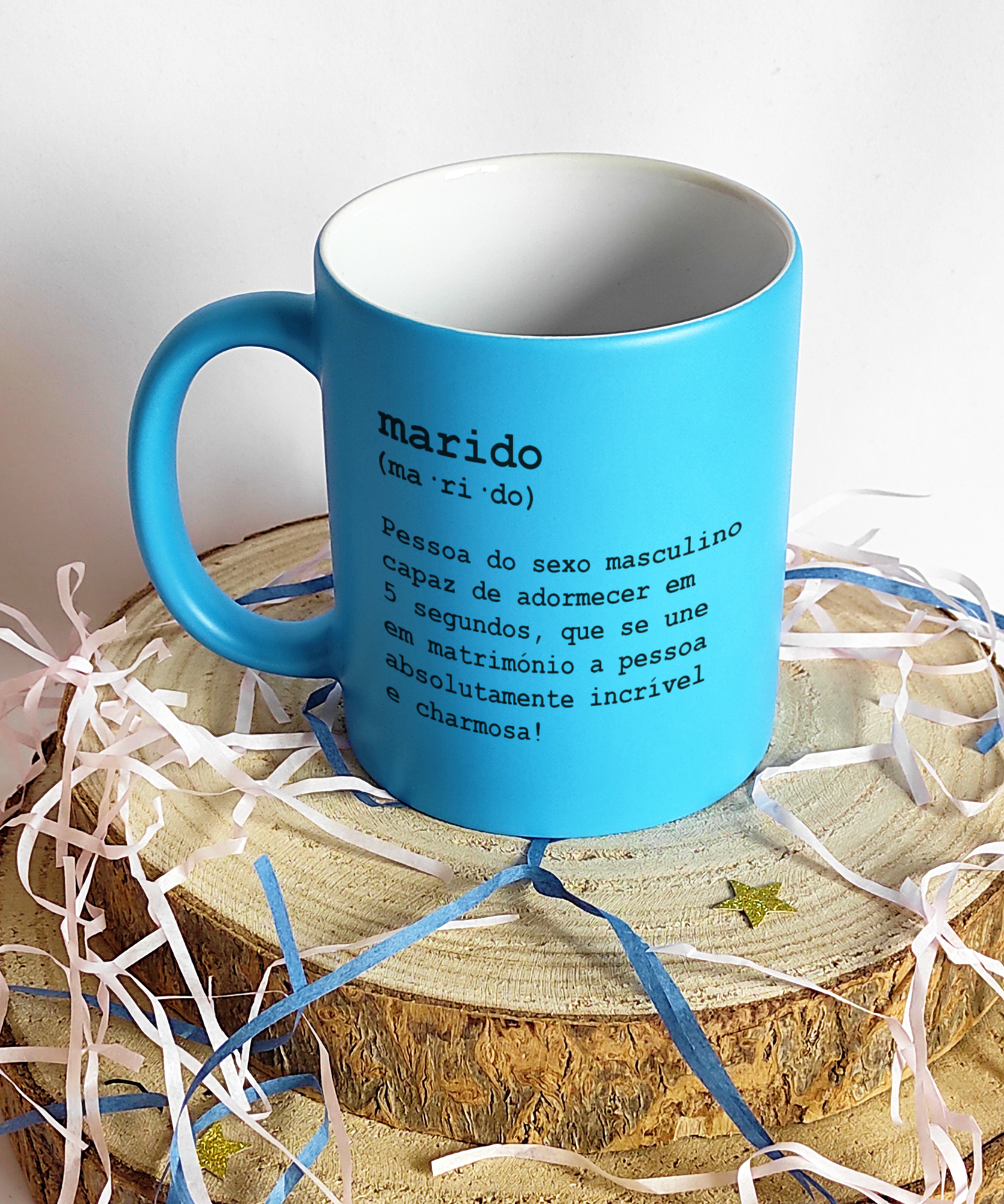 Box Caneca Fluorescente Azul + Íman Retangular de Cerâmica (Marido)