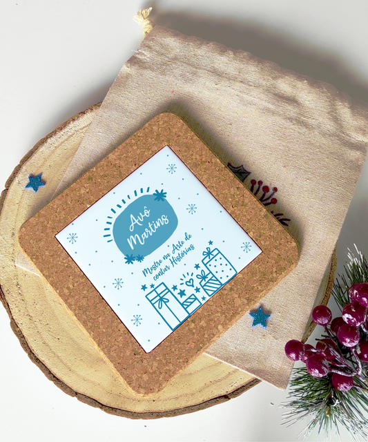 Azulejo Personalizado com Base de Cortiça e Saquinho Feliz Natal