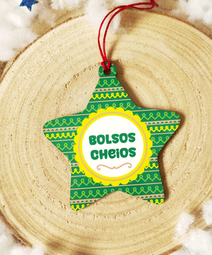 Conjunto de Pendentes em MDF "Desejos de Natal" com saquinho de linho