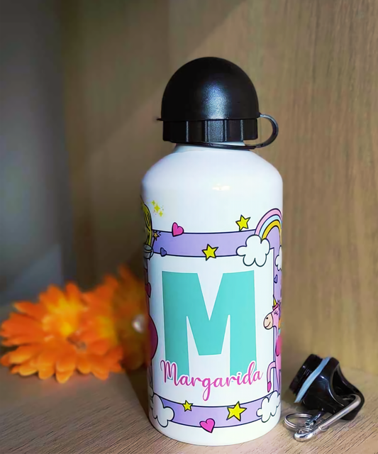 Garrafa de Alumínio 500 ml personalizada com Nome e Inicial - Unicórnio