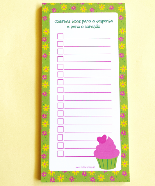 Bloco de lista de compras ilustrado com padrão Cupcake